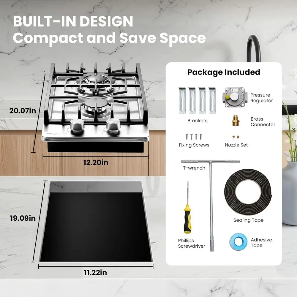 Fogão a Gás Propano de 12 Polegadas com Duplo Queimador e Termopar de Segurança, Adequado para Cozinha, Apartamento, Exterior e Trailers