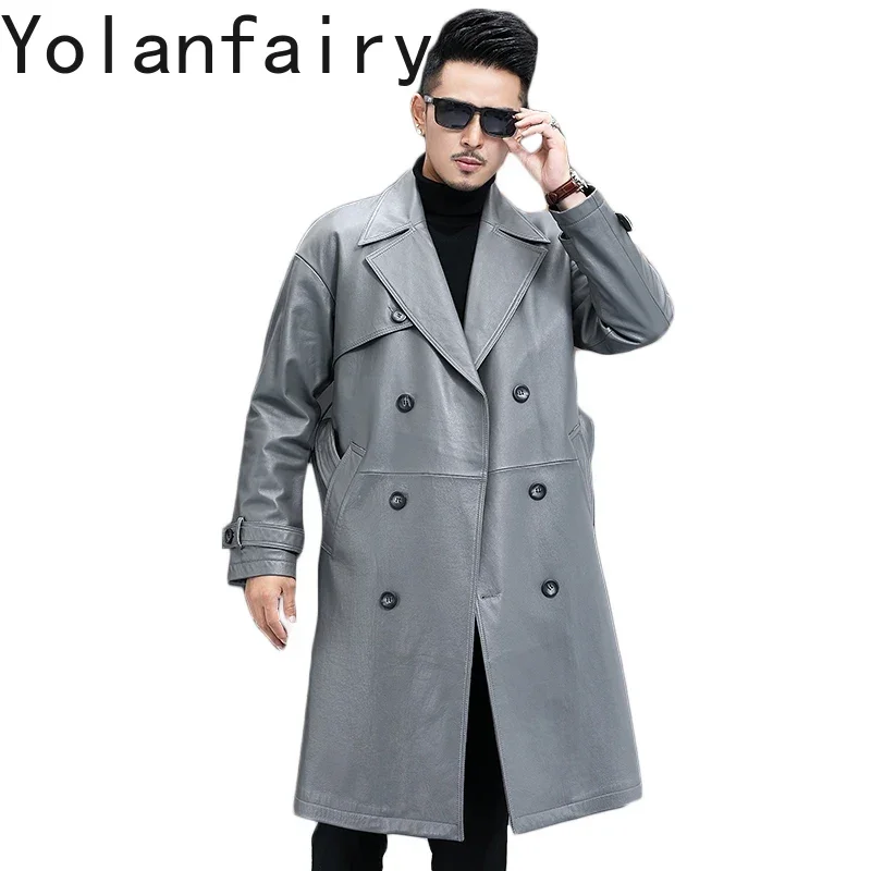 

YOLANFAIRY High End Men's Pure Cowhide Jackets Genuine Leather Jacket Men Clothing Fashion Long Windbreaker Trend Mens Jacket