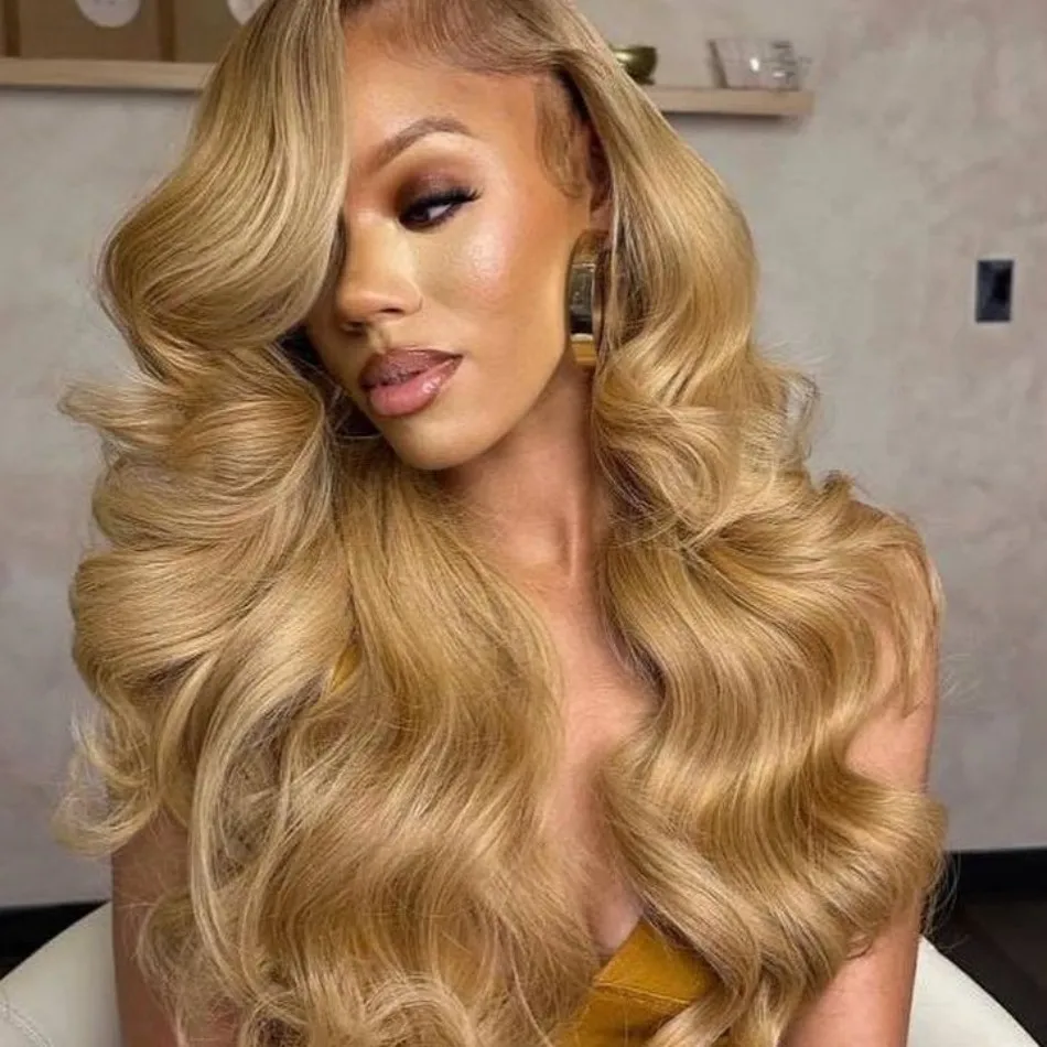 

Body Wave #27 Brazilian Honey Blond 30 32 Inch 13x4 HD Transparent Lace Front Human Hair Lace Frontal Wigs 220 Density For Women