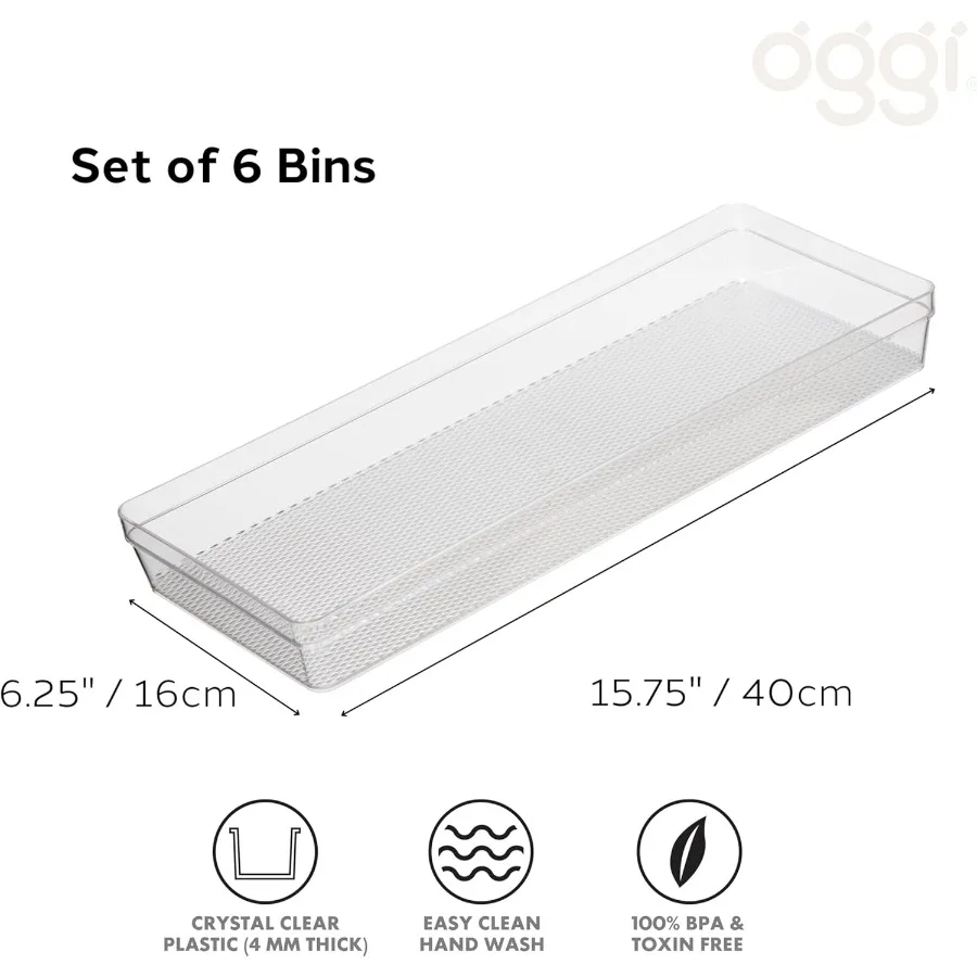 Oggi Clear Drawer Organizer - 6.25" X 15.75" Set of 6 - Ideal for Organizing Kitchen Drawers Office Desk Silverware Kitchen Ute