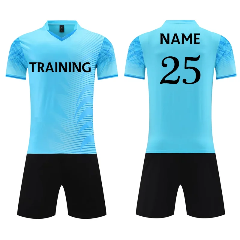 

2025 Custom Blue Soccer Uniform High Quality Polyester Geometric Patterns Football Jersey Breathable Shorts Top for Autumn