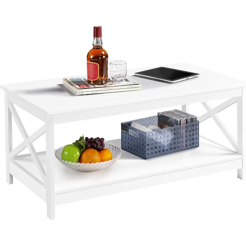 

Wood 2-Tier White Coffee Table with Storage Shelf for Living Room, X Design Accent Cocktail Desk, Simple Home Furniture