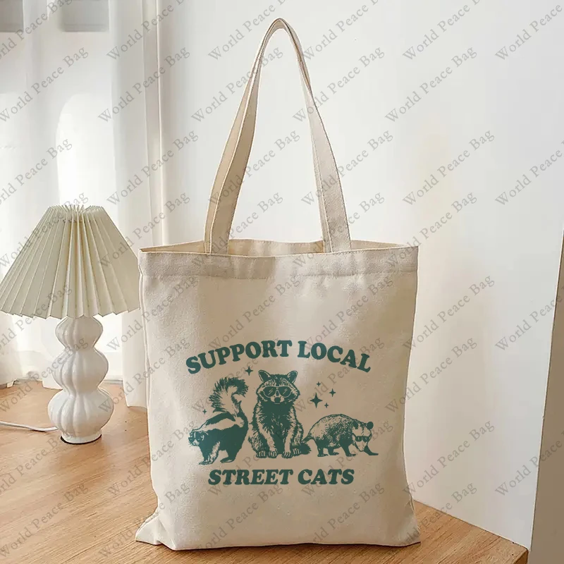 1pc Support Your Local Street Cats patternTote Bag Canvas Shoulder Bag For Travel Daily Commute Women\'s Reusable Shopping Bag