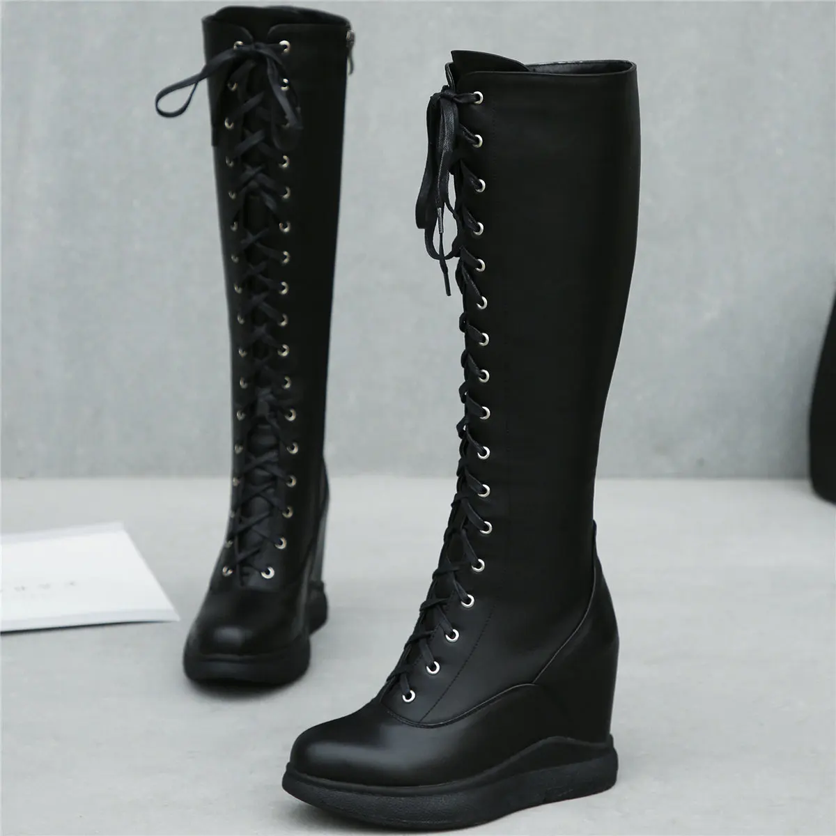 Plus Size Pumps Shoes Women Lace Up Genuine Leather Wedges High Heel Snow Boots Female Round Toe Fashion Sneakers Big Size Shoes