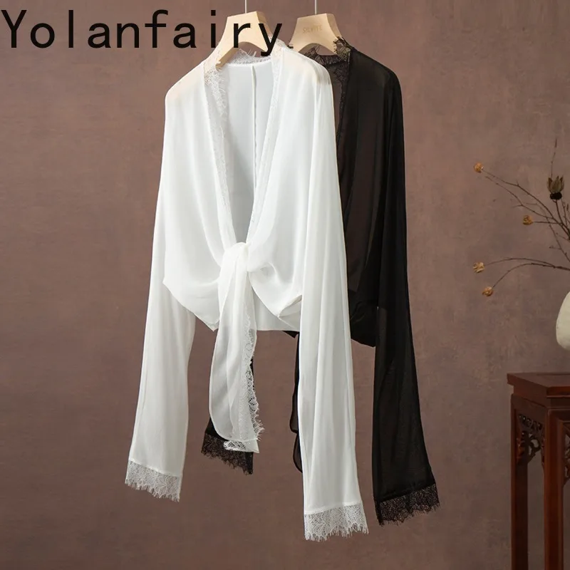 YOLANFAIRY 100% Mulberry Silk Open Shawl for Ladies Lace Splicing Long Sleeve Sun Protective Top Thin Cardigan Summer Blouse