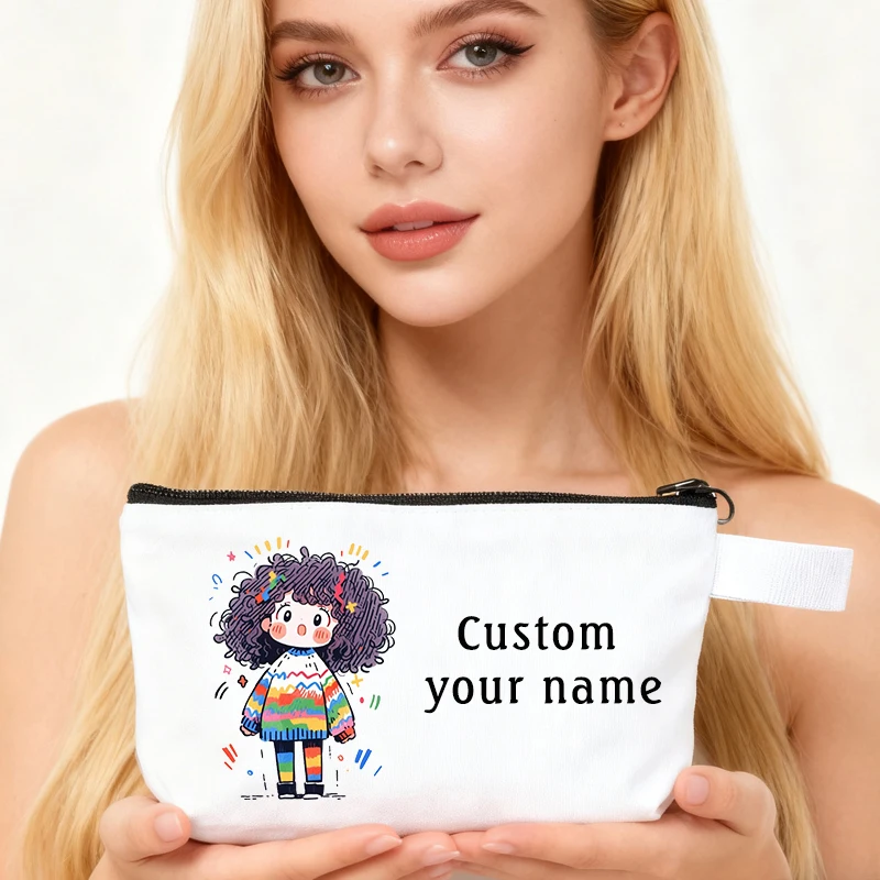 

Custom Name Makeup Bags Cute Curly-Haired Girl Pattern Stationery Organizer Canvas Bag Travel Toiletry Pouch Gift Pencil Cases