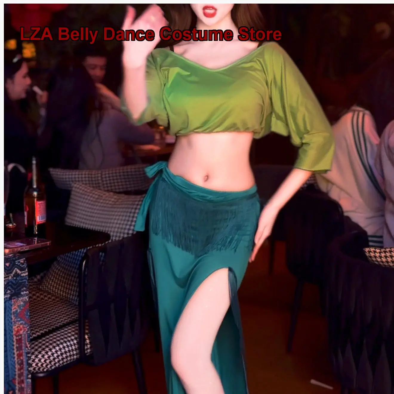 Women's New Arrival Green Contrast Color Ruffled Plus Size Belly Dance Performance Costume