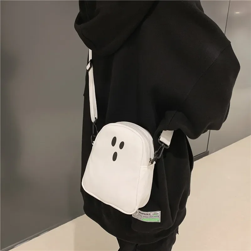 Black White Funny Cute Ghost Kawaii Women Canvas Bag Cartoon Harajuku Chic Ins Shopper Bag Women Shoulder Bags Large Capacity