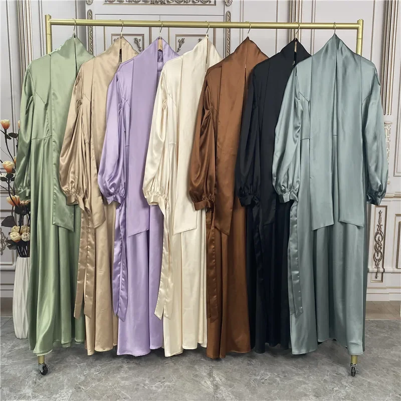 Fashion Women Islamic Satin Muslim Dress Hijab Arabic Closed Abaya Dubai Balloon Sleeve with Ribbon Eid Ramadan Turkish Dresses