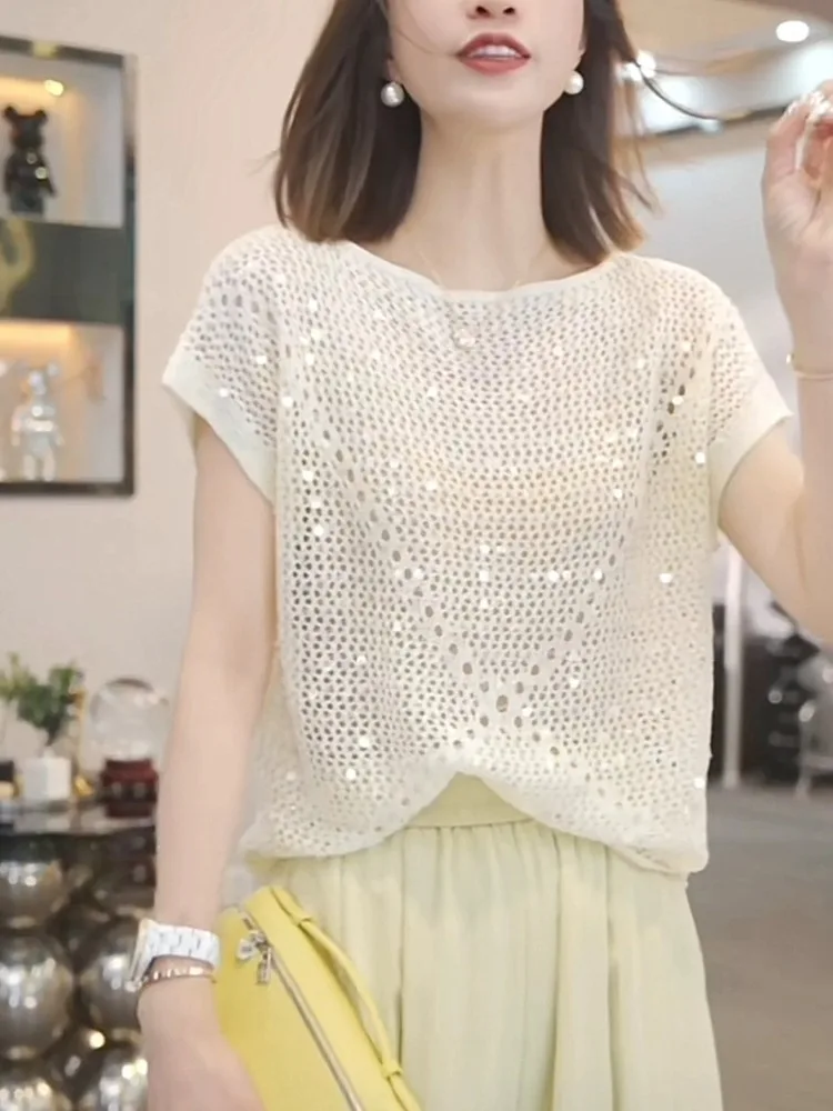 

Muh Summer 2025 Блестящий дизайн Sensation Faionable Трикотажный топ с вырезами Солнцезащитная одежда Футболка Ele Quali