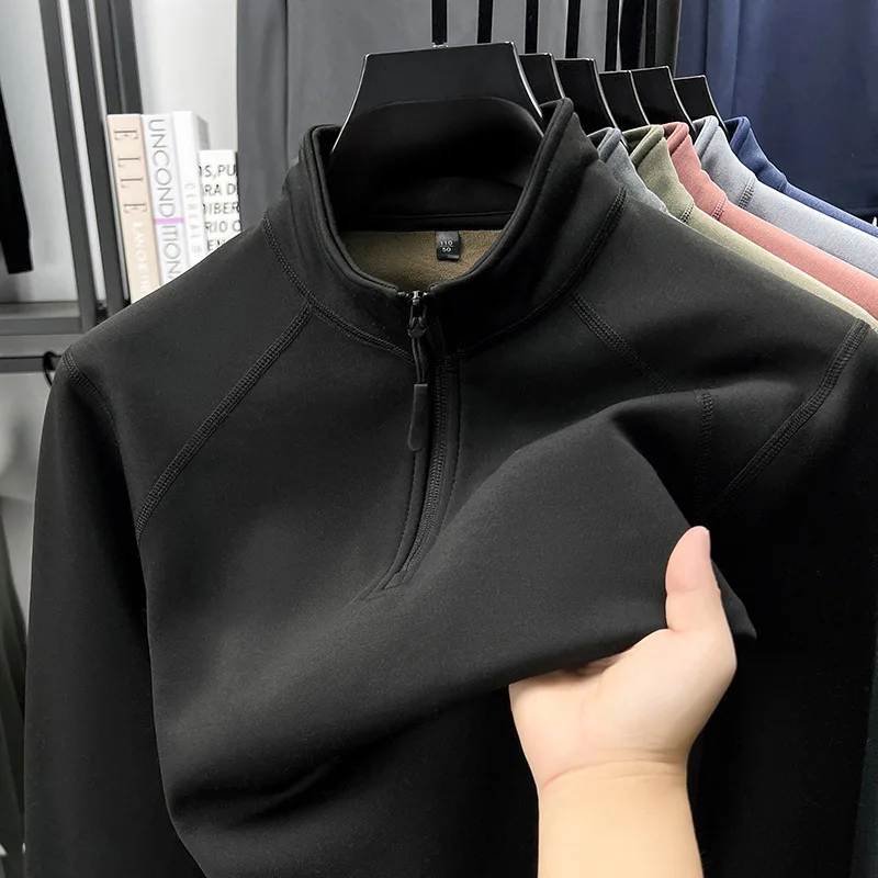 

New Autumn and Winter Disan Fabric Semi-zipper Sweater Warm Men's Youth Solid Color Stand-up Collar Shoulder Long Sleeve Velvet