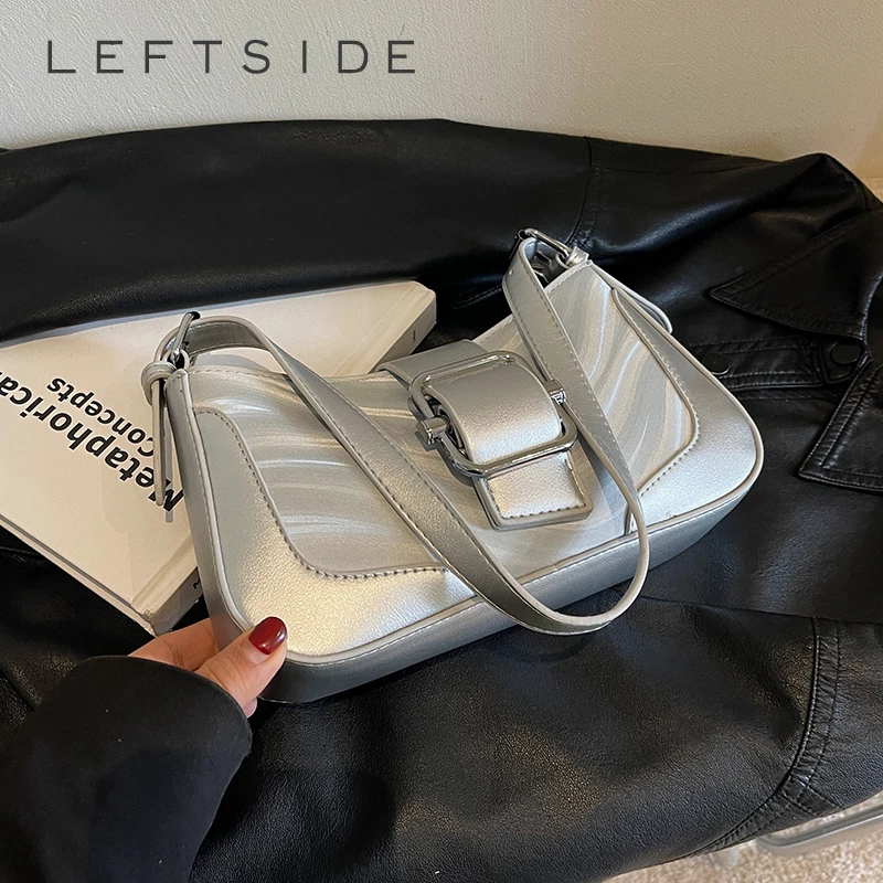 

LEFTSIDE Small PU Leather Shoulder Bags for Women 2024 Korean Fashion Females Silver Crossbody Bag Lady Handbags and Purses