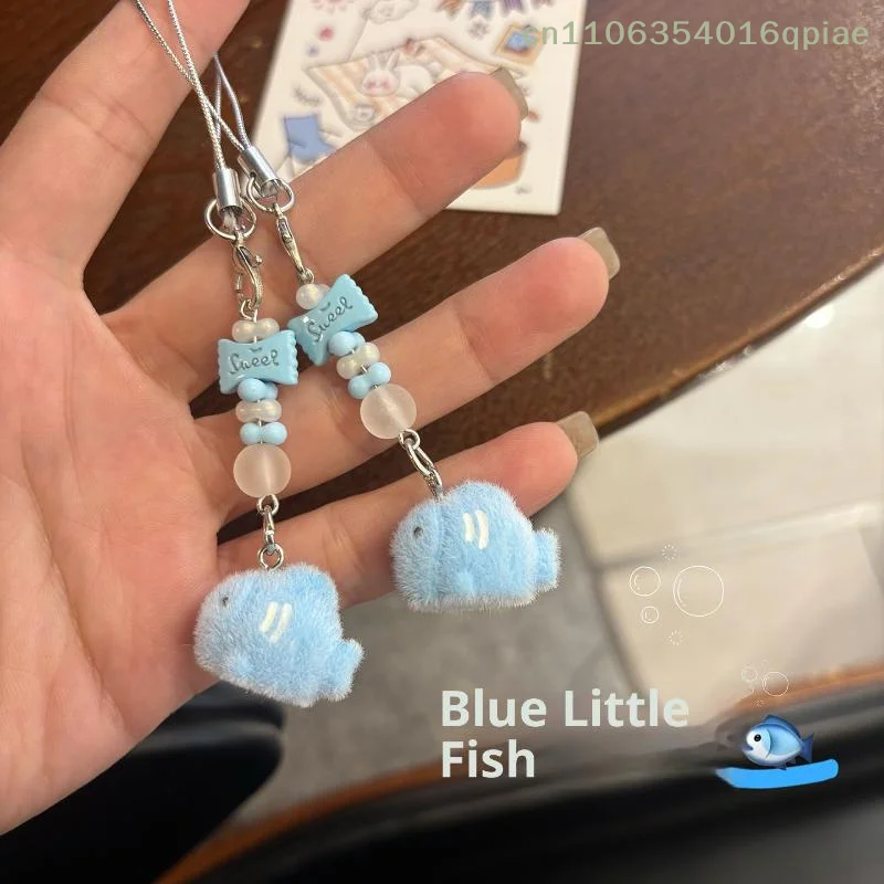 

Cute Cartoon Flocking Small Fish Bead Pendant Keychain Kawaii Beaded Mobile Phone Chain Ornament Decoration Accessories Gifts