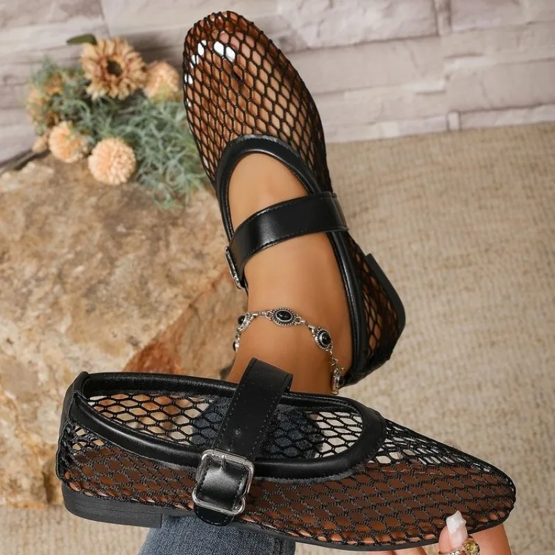 Women Flat Sandals Summer Flat Hollow Mesh Breathable Single Shoes Mesh Ballet Shoes Female Lightweight Fishnet Sandals Women