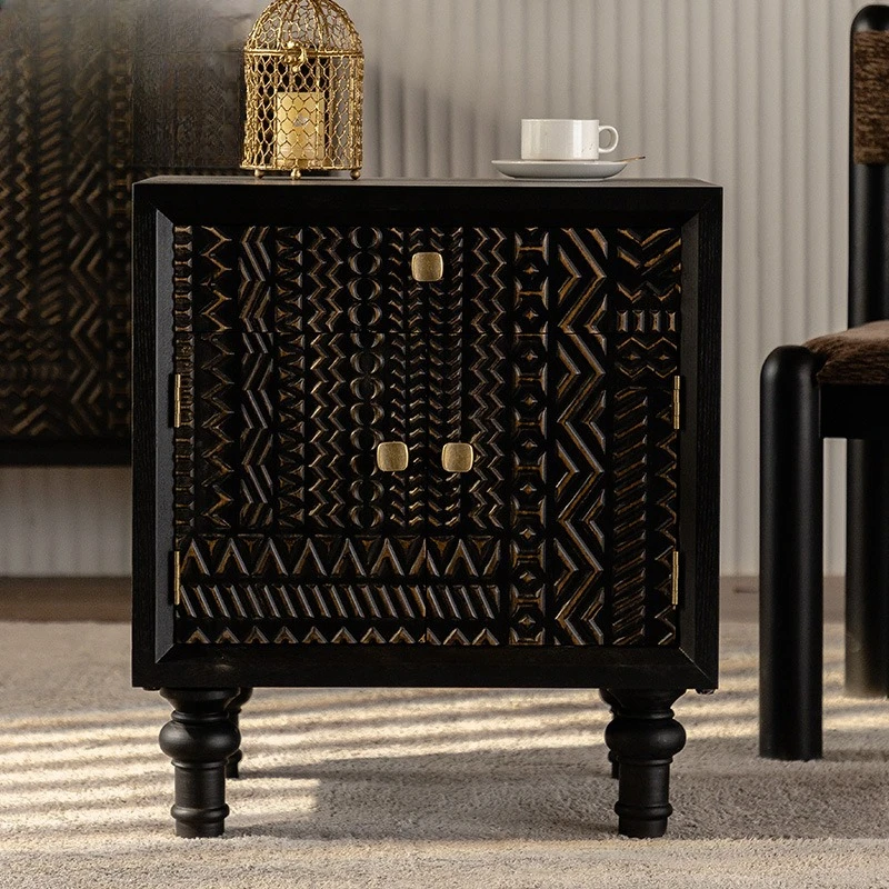 Retro black carving craft locker, bedroom with drawers, light luxury bedside table