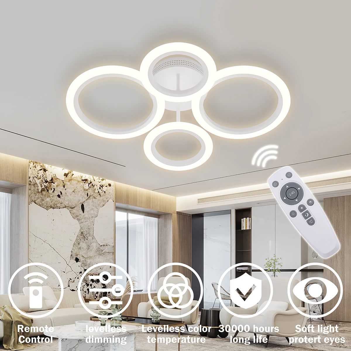 

RUNTOIN Modern Ceiling Lights 4 Rings Dimmable Chrome LED Ceiling Light Fixtures with Remote Control Close to Ceilings Lighting