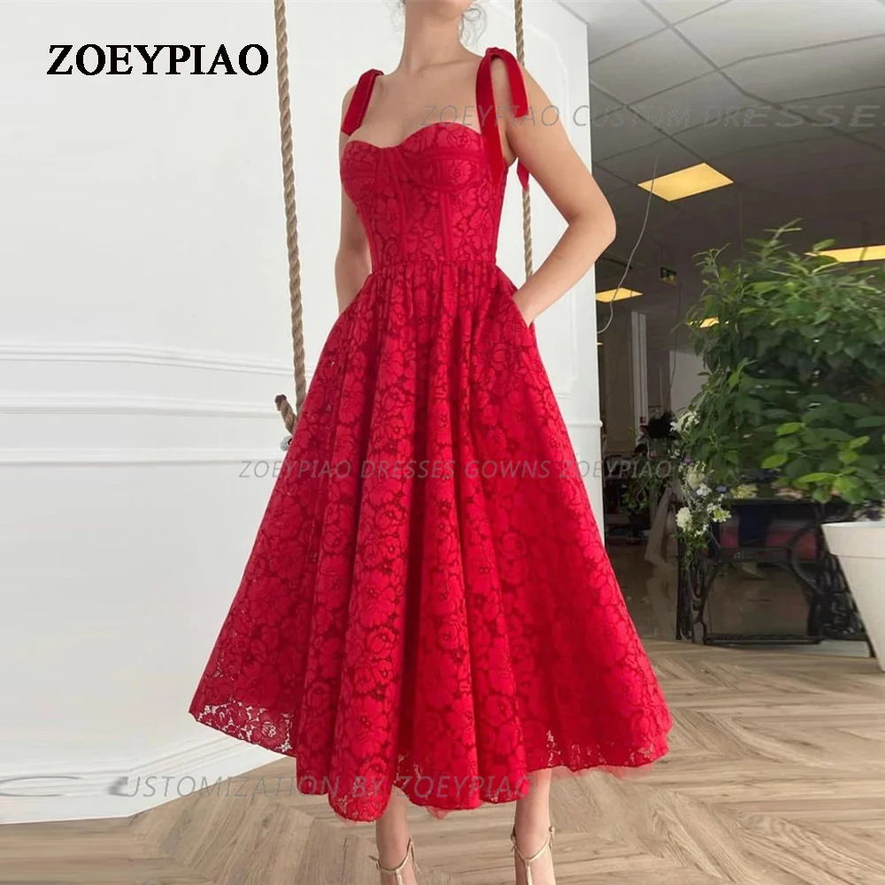 

Fairy Red Lace Prom Dresses Spaghetti Strap A-Line Pockets Evening Gown Red Tea Length Celebrity Party Dress for Graduation