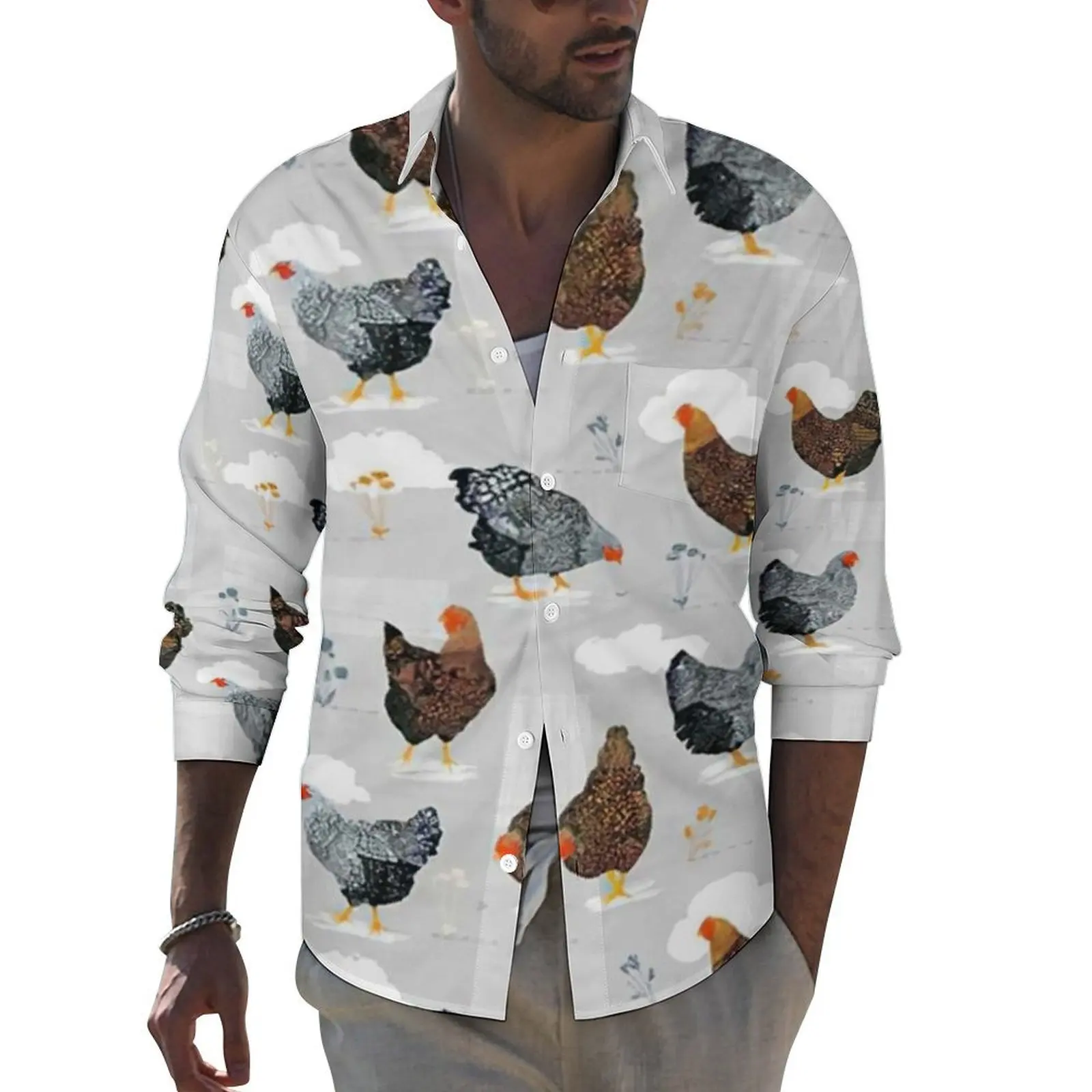 

Chicken Art Shirt Men Cute Hen Print Casual Shirts Autumn Stylish Blouses Long Sleeve Vintage Oversize Clothing Birthday Gift