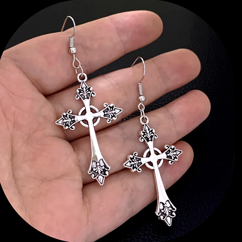 Cross Gothic Hoop Earrings Large silver colour Statement Trad Goth Jewelry fashion delicacy 2023 new women gift girlfriend