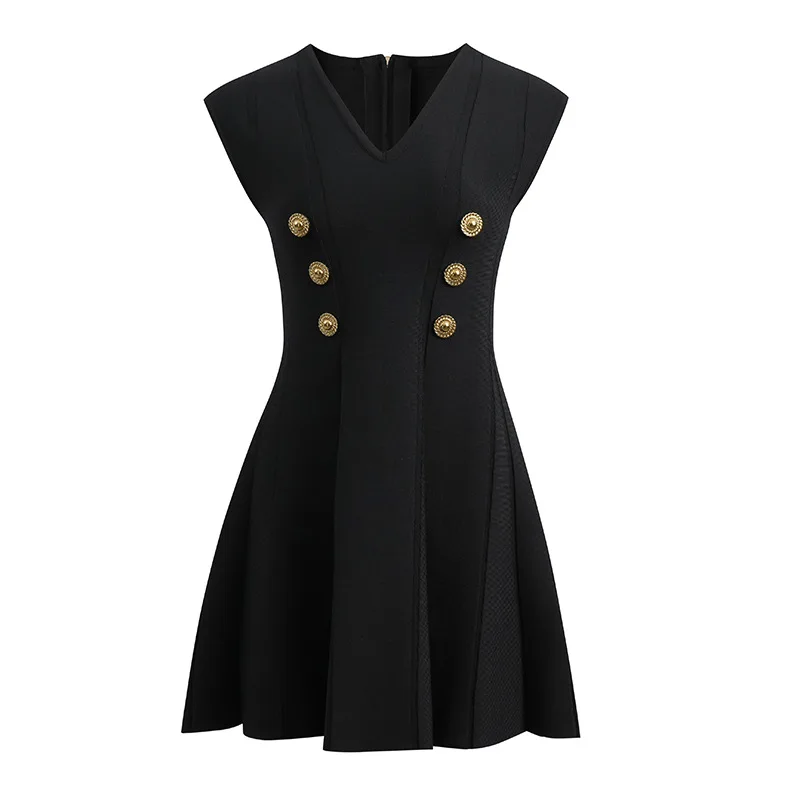 

High Quality French Simple V-Neck Knitted Vest Dress Women Metal Button Fashion Black White Blue Knitted Sleeveless Mini Dress