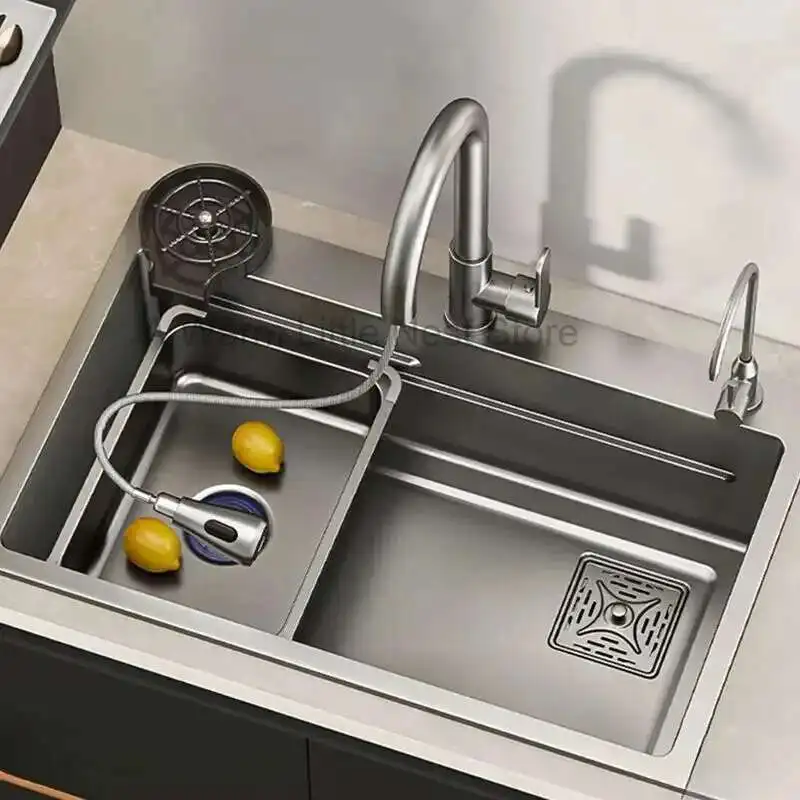 

Italian Minimalist Sinks for Company Metal Three-hole Kitchen Sink with Soap Dispenser Creative Design Kitchen Sinks for Home