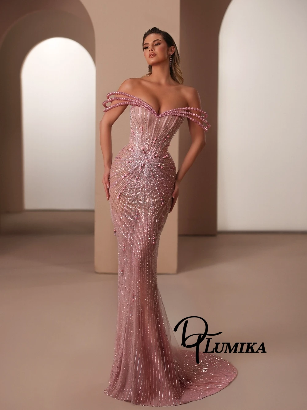 

Pink Pearls Off Shoulder Mermaid Shimmering Evening Gown 2026 New Sequin Beaded Formal Prom Dress For Red Carpet Gala Events