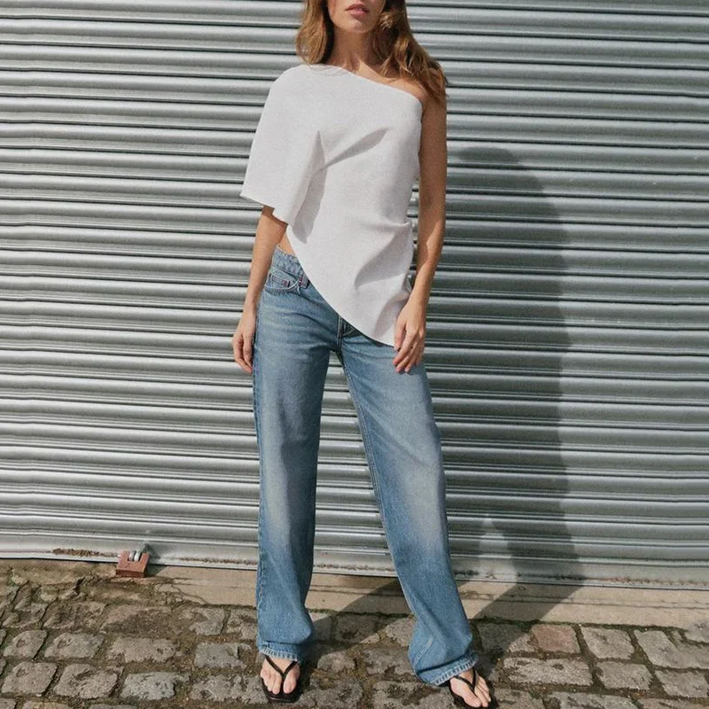 

New Women Y2K White Fashion Cloak Asymmetric Shirts Casual Slim Sleeveless Blouses 2024 Summer Crop Tops