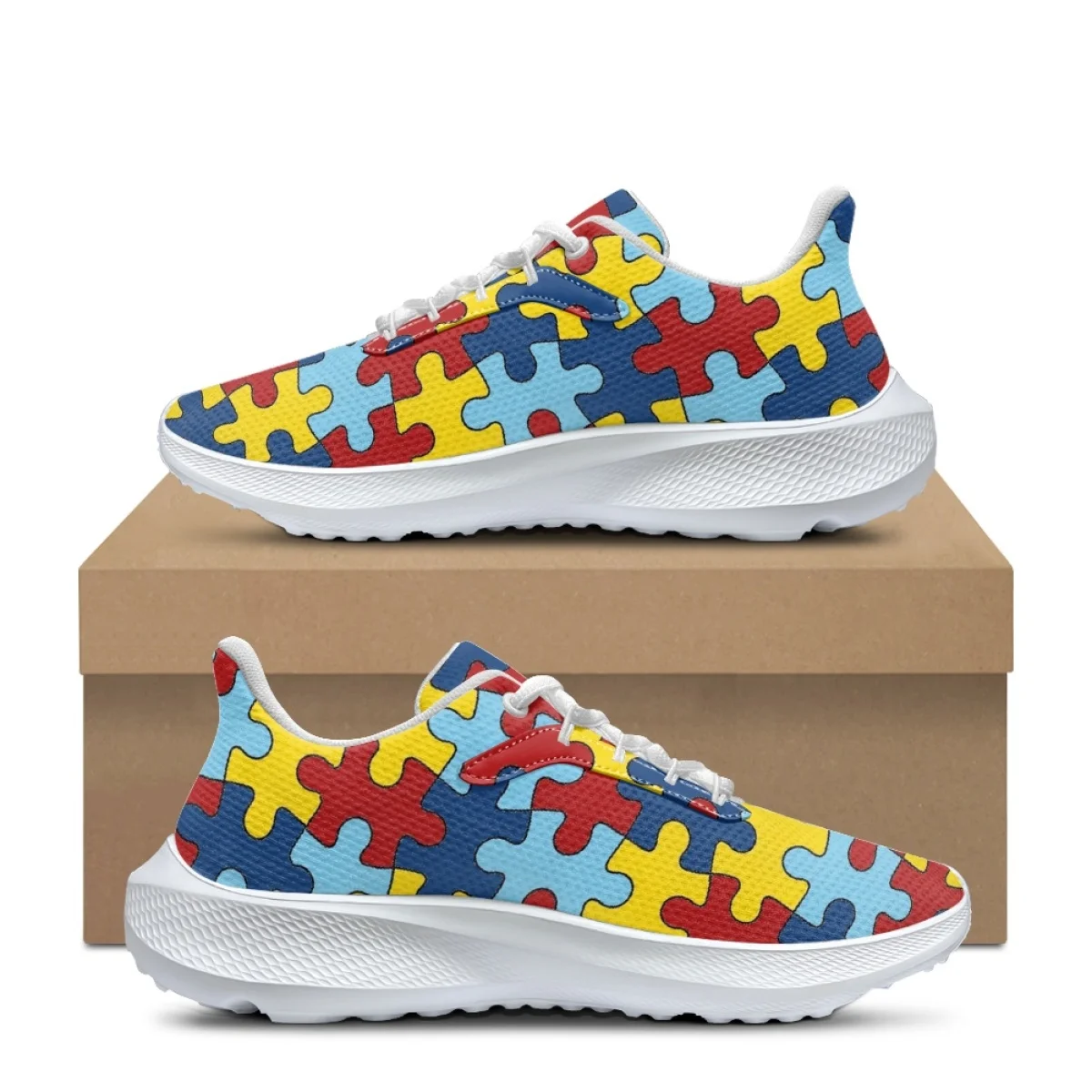 Autism Awareness Shoes Colorful Puzzle Print Teens Girls Boys Comfortable Lace Up Shoes Black Soft Soled Casual Sneakers Flats