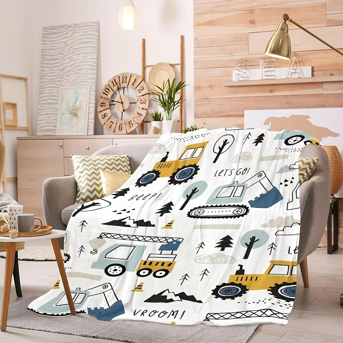 The cartoon excavator print blanket is suitable for all seasons, warm and comfortable, perfect for sofa, nap, camping