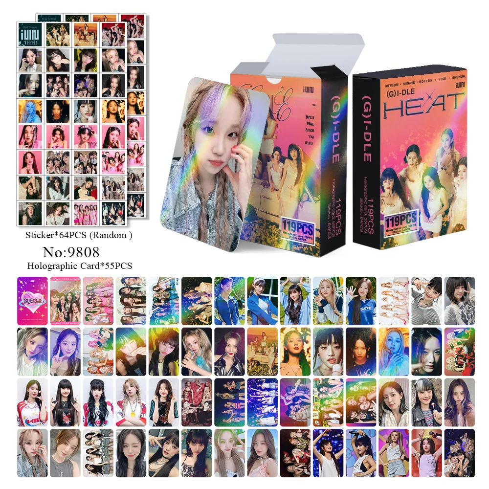 Kpop GIDLE HEAT Laser HD Lomo Cartão Adesivos, Dupla Face Impresso Photocard, SHUHUA YUQI Fãs Coleção Cartão Postal, Presente, 119pcs por conjunto