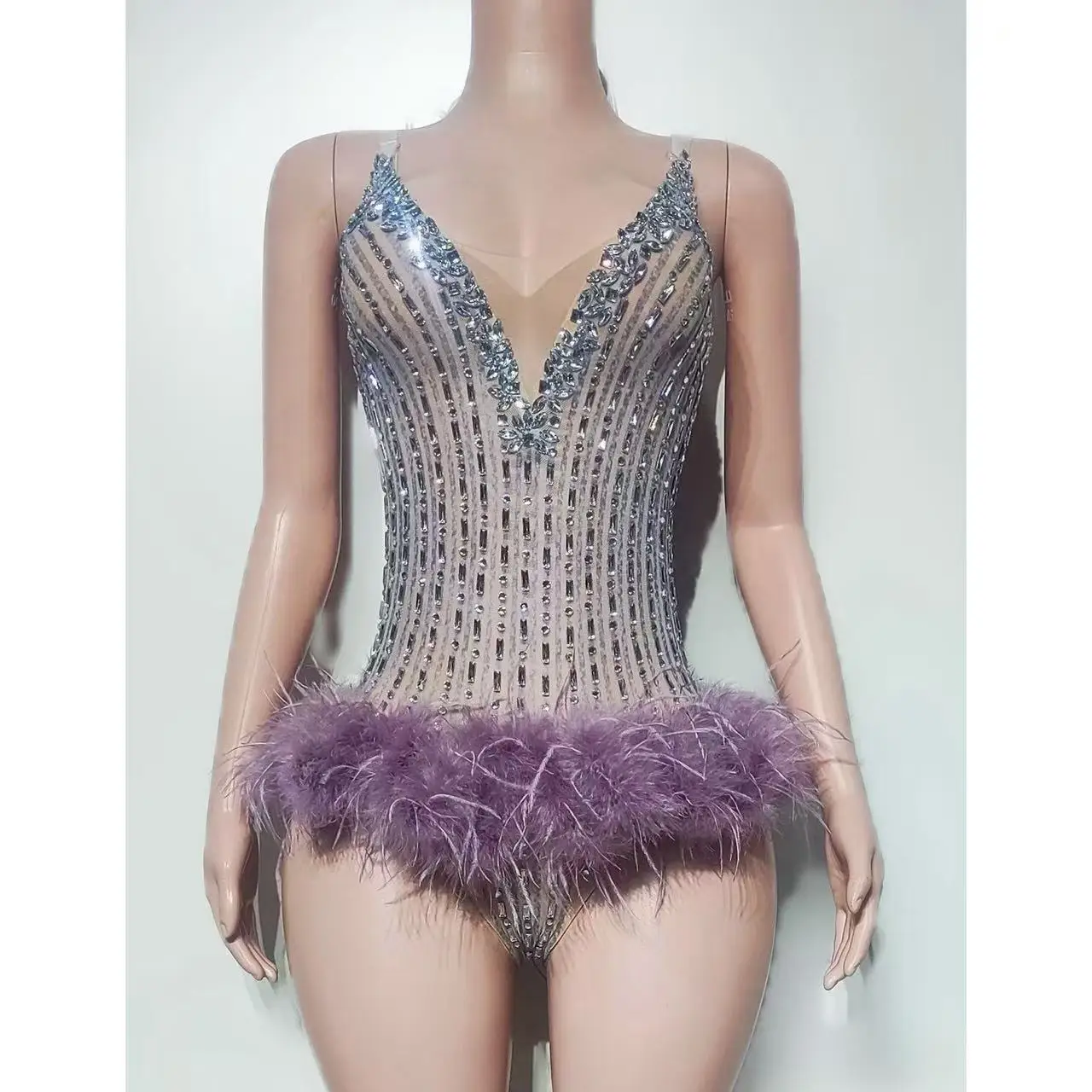 2025 nouveau diamant plume col en v body discothèque Bar Dj Performance Costumes femmes Gogo danseurs fête scène robe porter DN22504