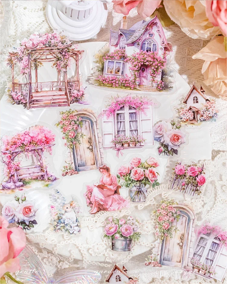30pcs/bag Garden Series Transparent PET Stickers Retro Flowers Windows Cabins Fences Scrapbook Landscaping Decoration Collage