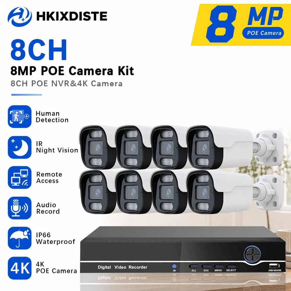 10-Kanal 4K POE NVR Sicherheitssystem mit 4/8 Stück 8MP IP-Kameras, Menschenerkennung, IR-Nachtsicht, Einweg-Audio, IP66 CCTV-Kamera-Set