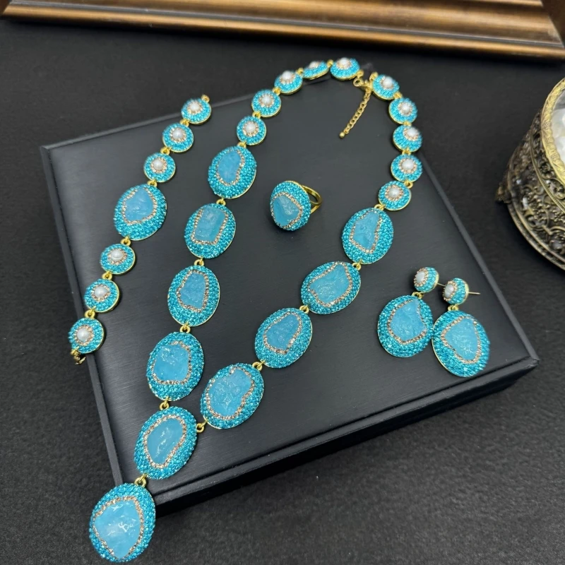 

Turkish Raw Aquamarine Freshwater Pearl Crystal Jewelry Set for Women Quartz Natural Gemstone Necklace Ring Handmde Jewellry