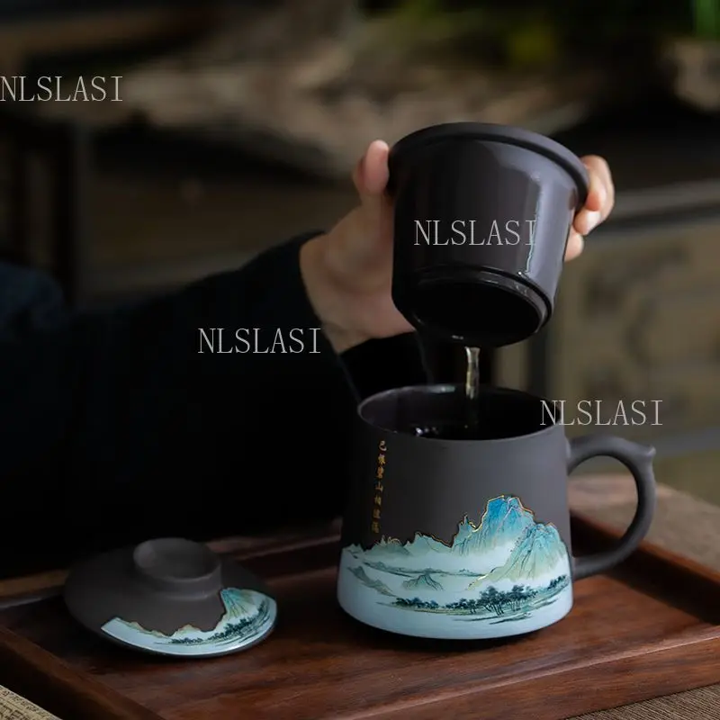 400ml Yixing Zisha Tea Mug with Infuser & Lid Chinese Thousand Li Rivers Mountains Painting Office Tea Cup Filter Tea Tumbler