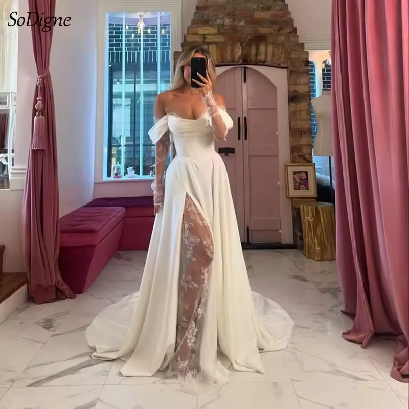 SoDigne A-line Wedding Dresses Off Shoulder Long Sleeve Satin/Lace Bridal Dress Elegant Bride Gown vestidos de novia customized - Image 6