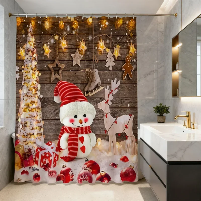 Christmas Shower Curtain Snowman Gingerbread Man Santa Xmas Tree Reindeer Waterproof Bath Curtain Holiday Decor w Hook