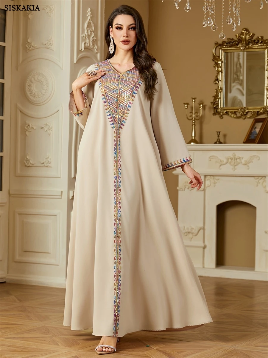 

Siskakia Muslim Elegant Embroidery Women Evening Dress Abayas Morocco Sequins V-Neck Stylish Kaftan Women's Clothing