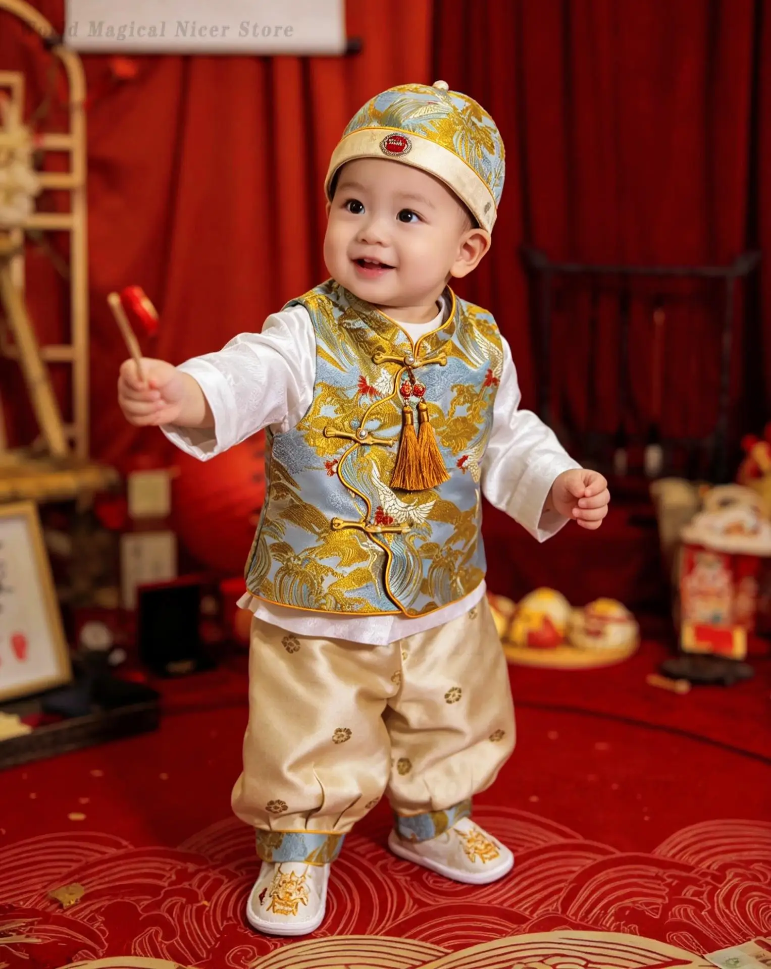Baby Boys New Chinese Tang Suit Golden Waistcoat Set Spring Autumn 1St Birthday Zhuazhou Festive Infant Party Outfit