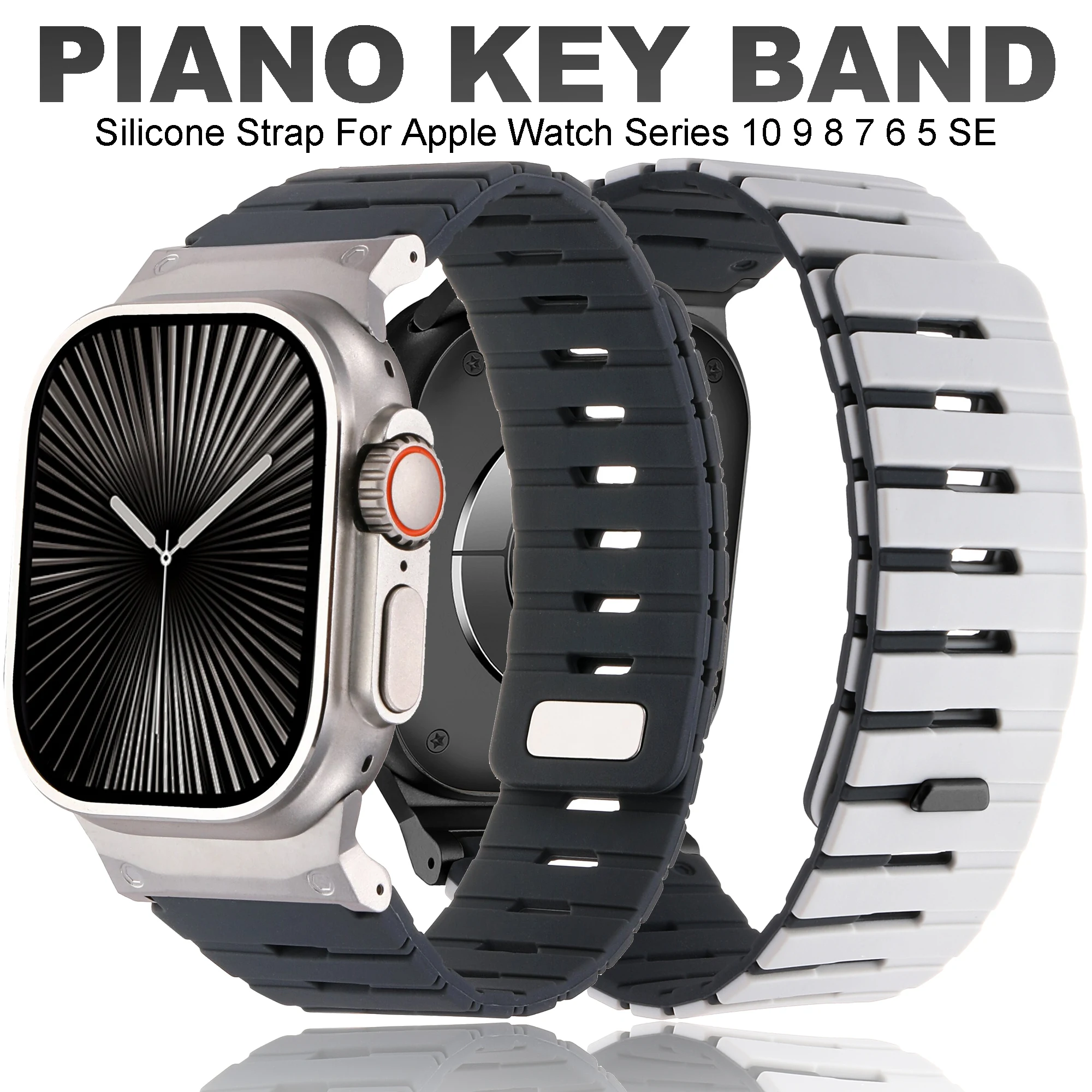 

Silicone Band for Apple Watch Ultra 2 49mm 46mm 45 44 42mm Piano Key Design Strap for IWatch Series 10 9 8 7 6 SE Magnetic Loop