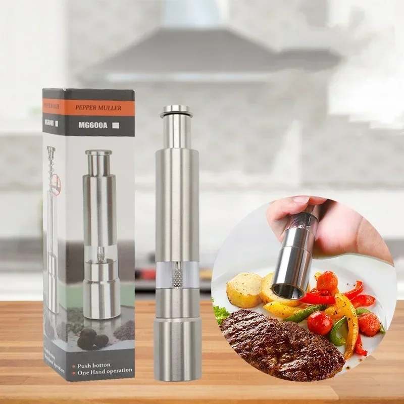 Stainless Steel Salt and Pepper Grinder Thumb Push Button for Hand Operation Thumb Press Grinder Peppercorns Sea Salt Spices