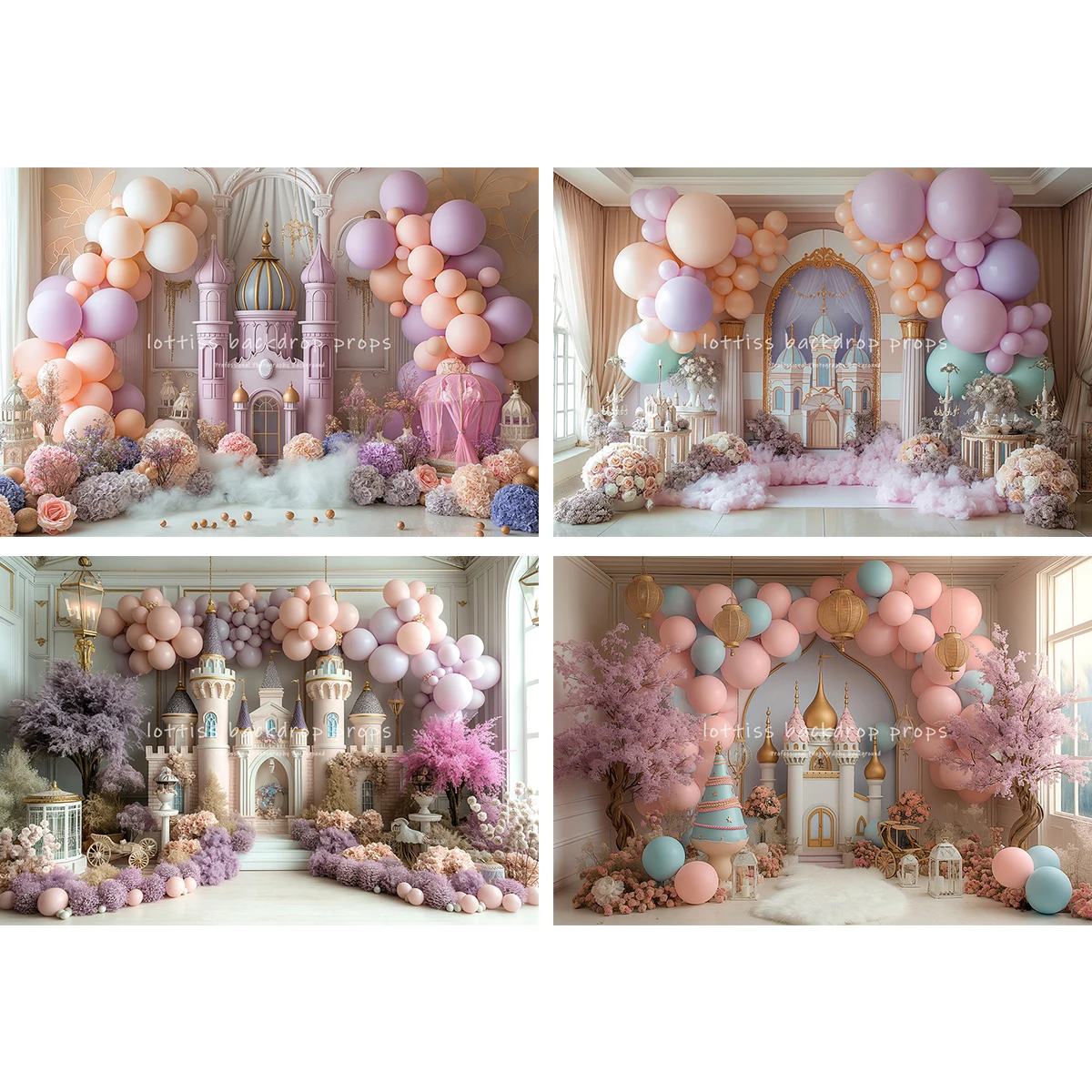 

Pink Balloons Castle Backdrops Kids Girl Photography Props Child Adult Photocall Decors Arch Door Backgrounds