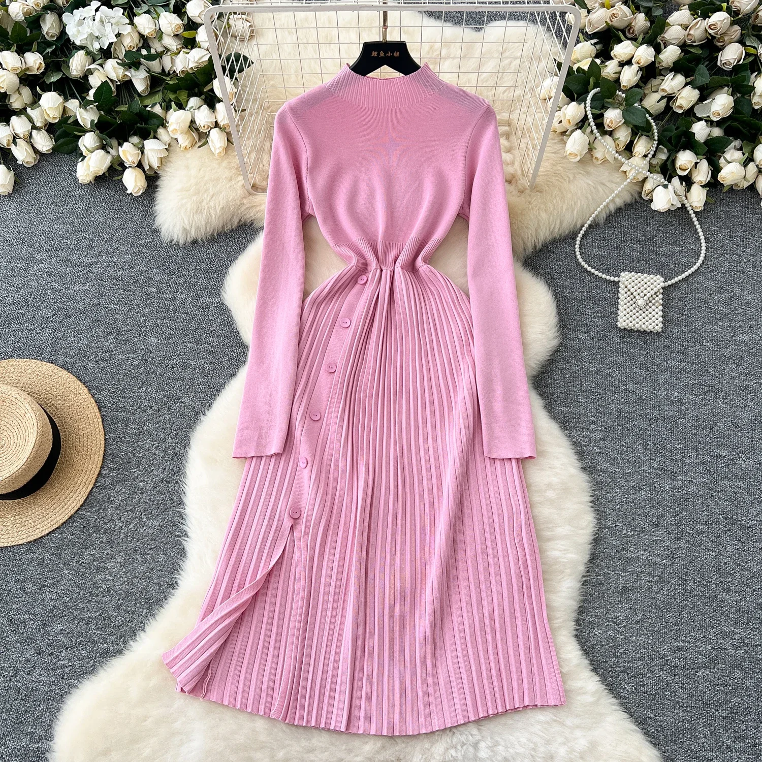 French Vintage Pleated O Neck Long Sleeve Button Knit Dress Elegant Fashion Party Slim Autumn A-line Dresses