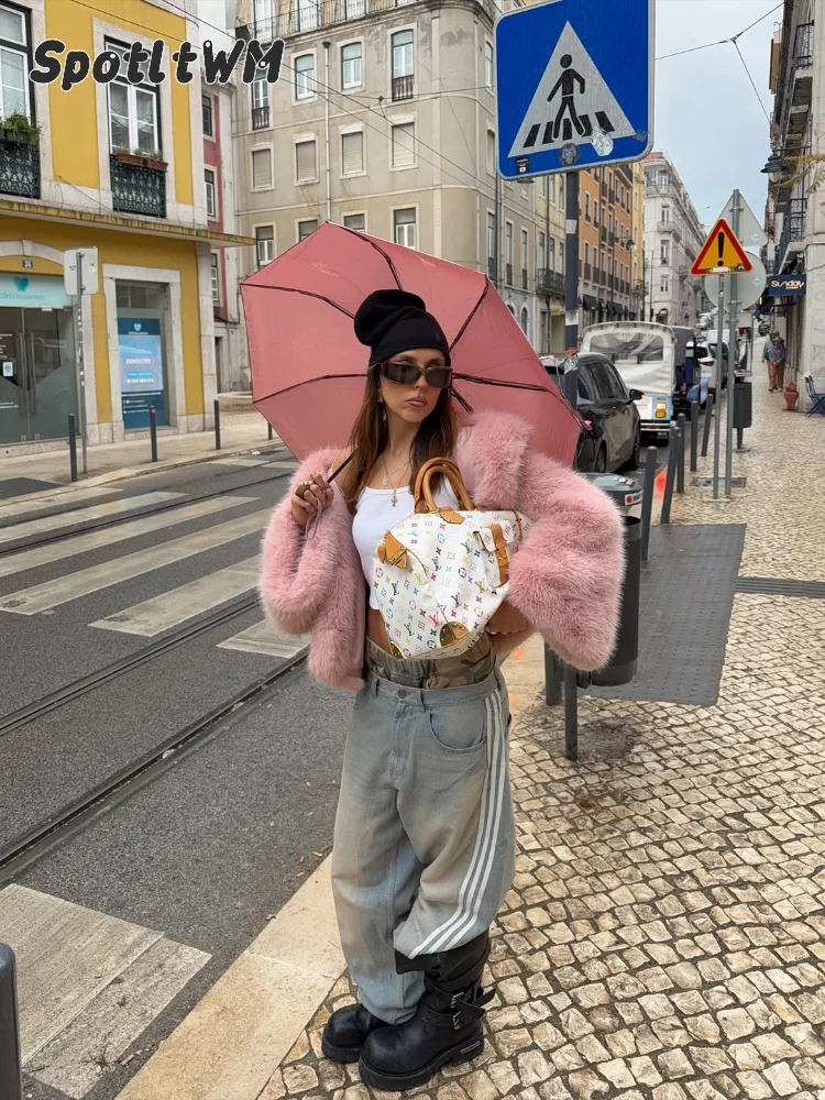 Women's Pink Faux Fox Fur Jacket Big Lapel Collar Open Front Loose Oversized Fluffy Thick Warm Winter Party Streetwear Coat