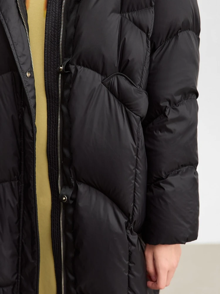 AMII المرأة بطة أسفل سترة 2025 شتاء جديد مقنعين معطف طويل أسفل الإناث سستة مكتب سيدة للإزالة هود ملابس خارجية 12324027