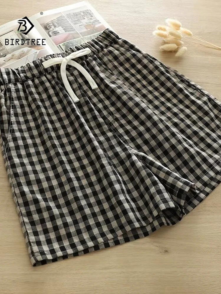 

New Summer Cotton Plaid Shorts Women Elastic Waist Drawstring Short Pants Mori Girl Loose Casual Shorts 2024 Autumn B46937QC