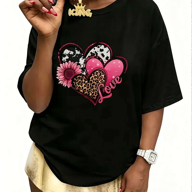 Leopard Pink Heart Women's 100% Cotton T-Shirt Fun Print Short Sleeve Top Casual Round Neck Tee S-5Xl