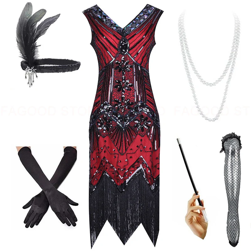 Imagem -06 - Feminino Flapper Franja Frisado Great Gatsby Vestido de Festa com Traje Conjunto Plus Tamanho Midi Comprimento Vestido Vestido Vermelho 1920s