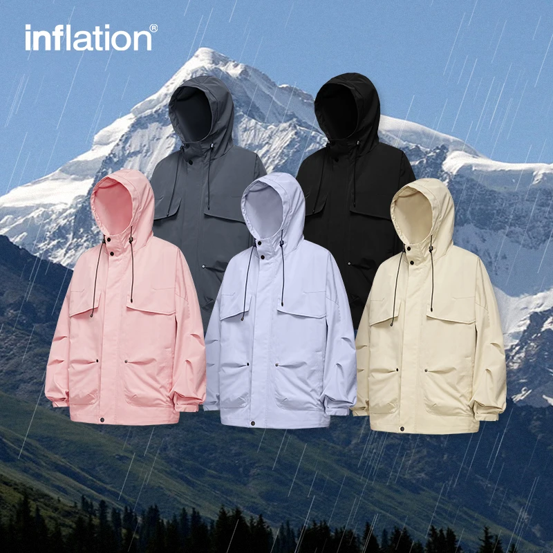 INFLATION Outdoor Windproof Softshell Jacket Men Mountain Cargo Jacket Unisex High Collar Zip Up Hooded Coat