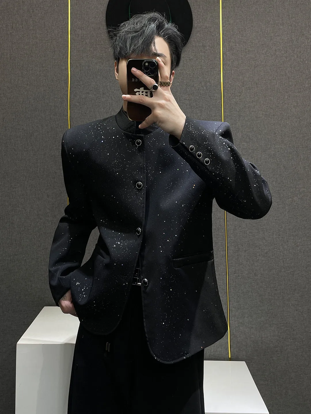 

Black Tianxing Pad Shoulder Men's Suit Jacket New Chinese Style Stand Collar Casual Western Clothes Breathable Polyester Fiber